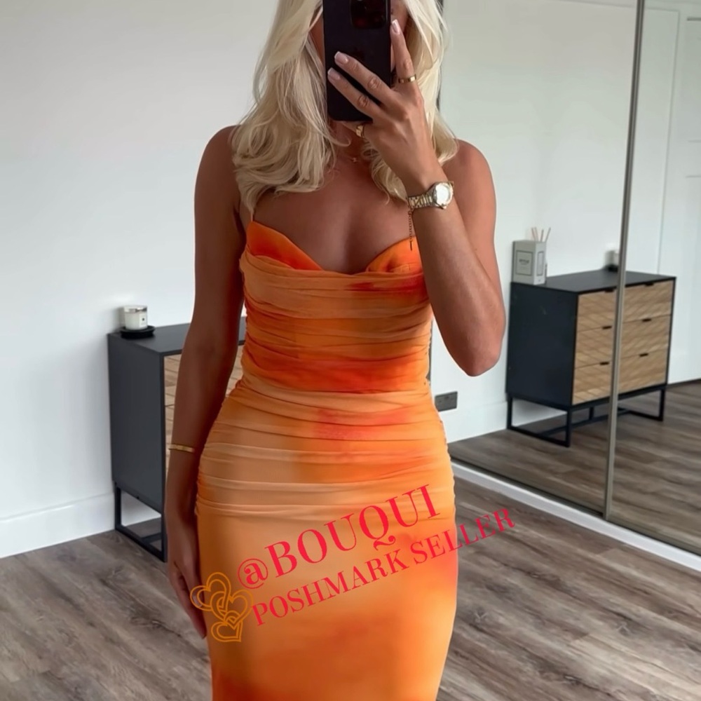 BLOGGERS FAV ZARA ORANGE DRAPED PRINTED TULLE DRESS